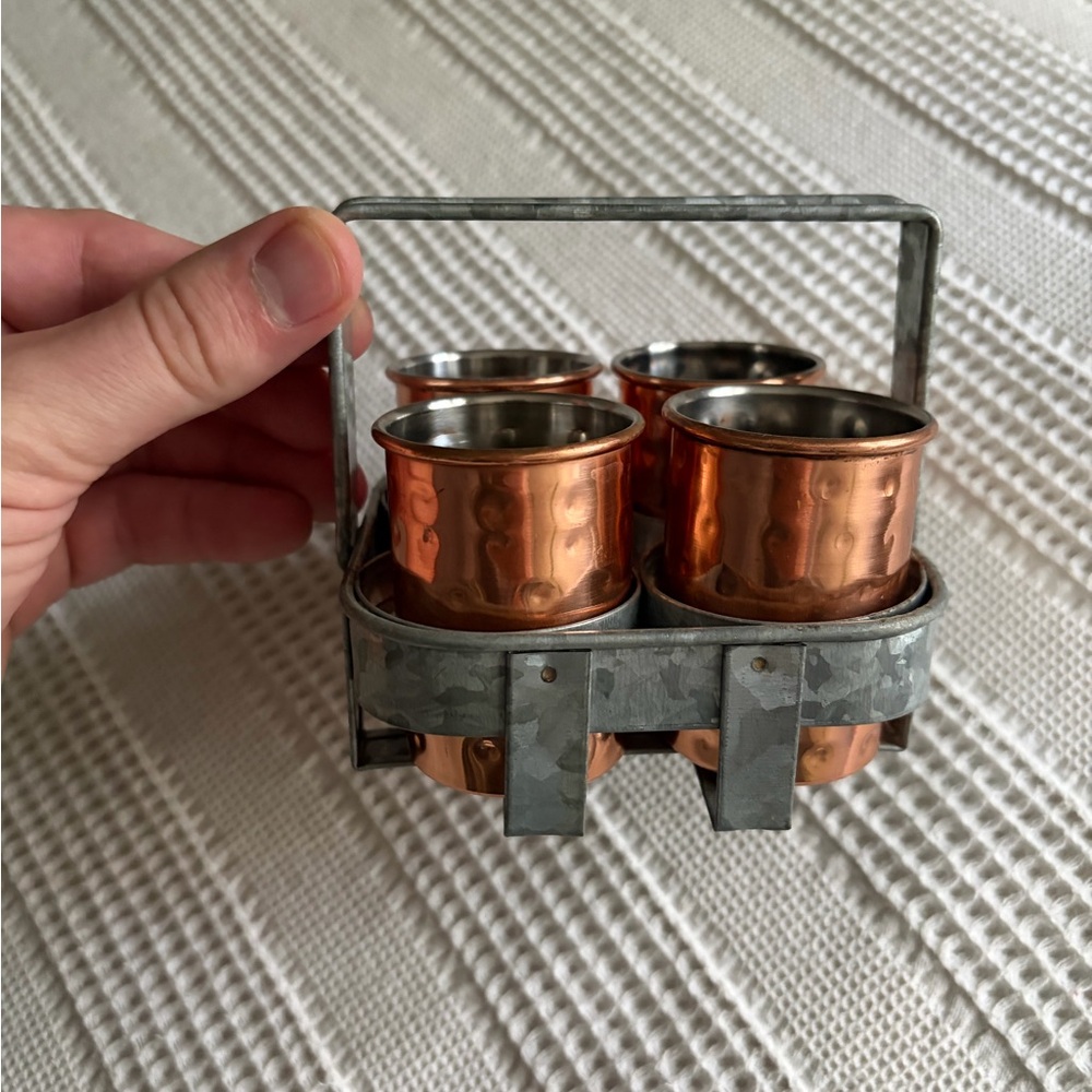Source Unknown Copper and Silver Mug Set with Holder